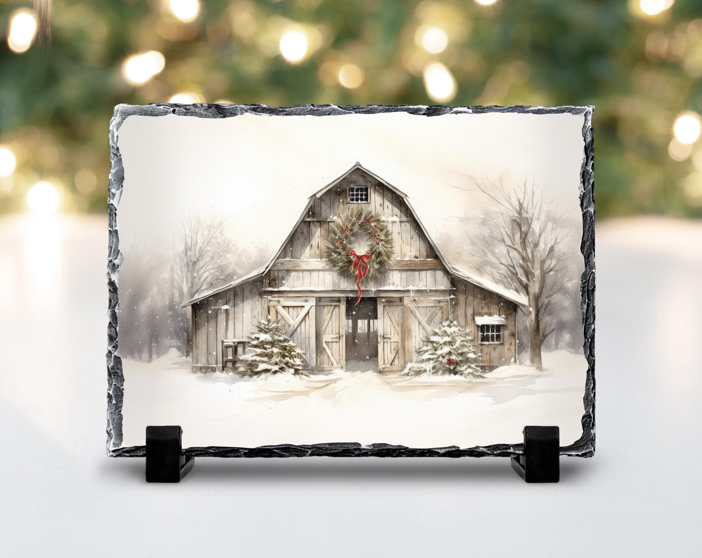 Rustic Christmas Slate Plaque with Barn Scene Wreath  Snow  Perfect Holiday Decor Gift