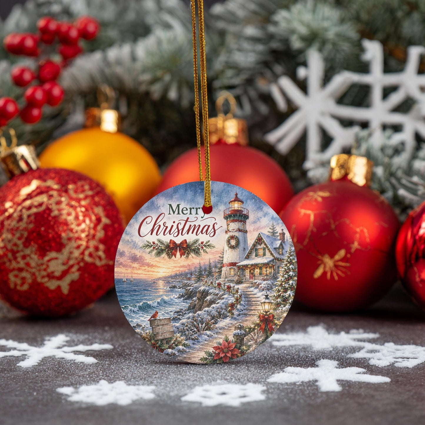 Lighthouse Christmas Ornament, Snowy Coastal Scene | Ceramic 3 Inch
