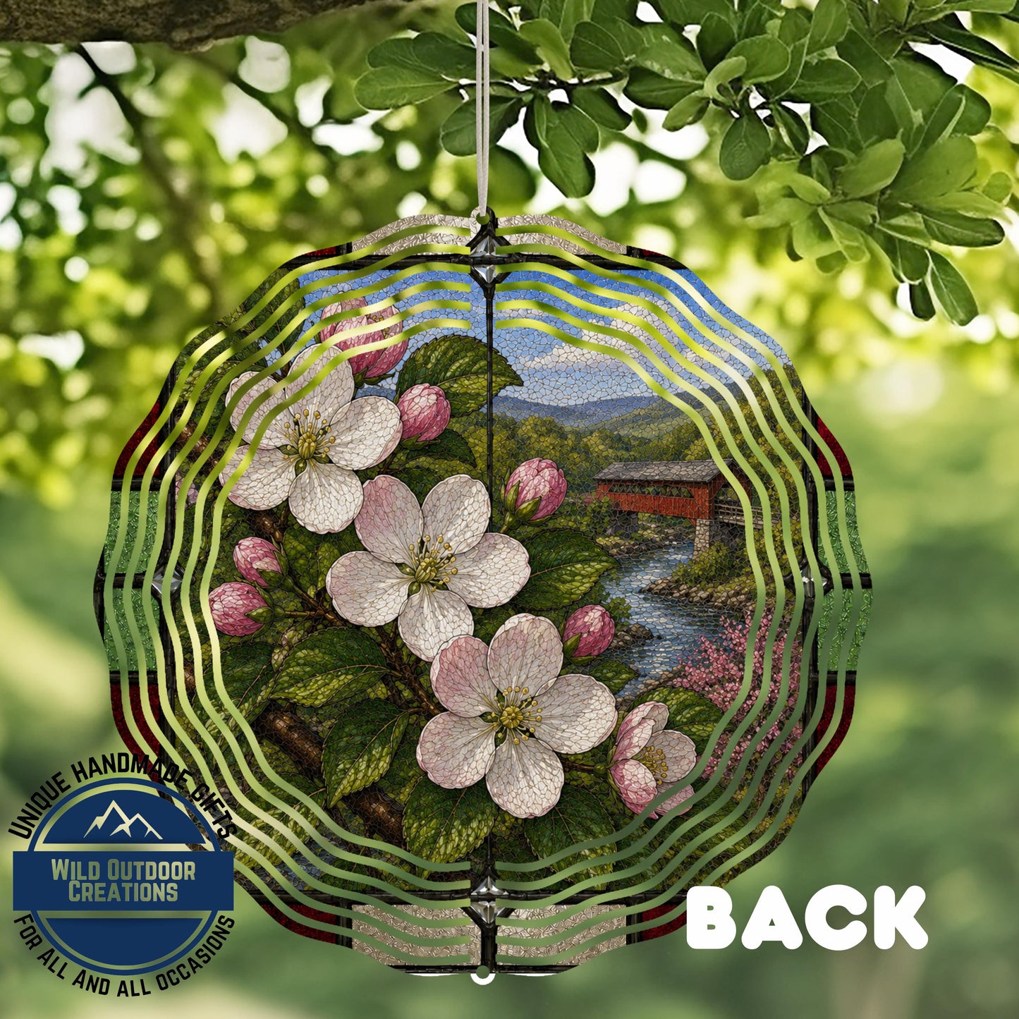 Apple Blossom Wind Spinner - Arkansas State Flower Stained Glass Style Outdoor Decor