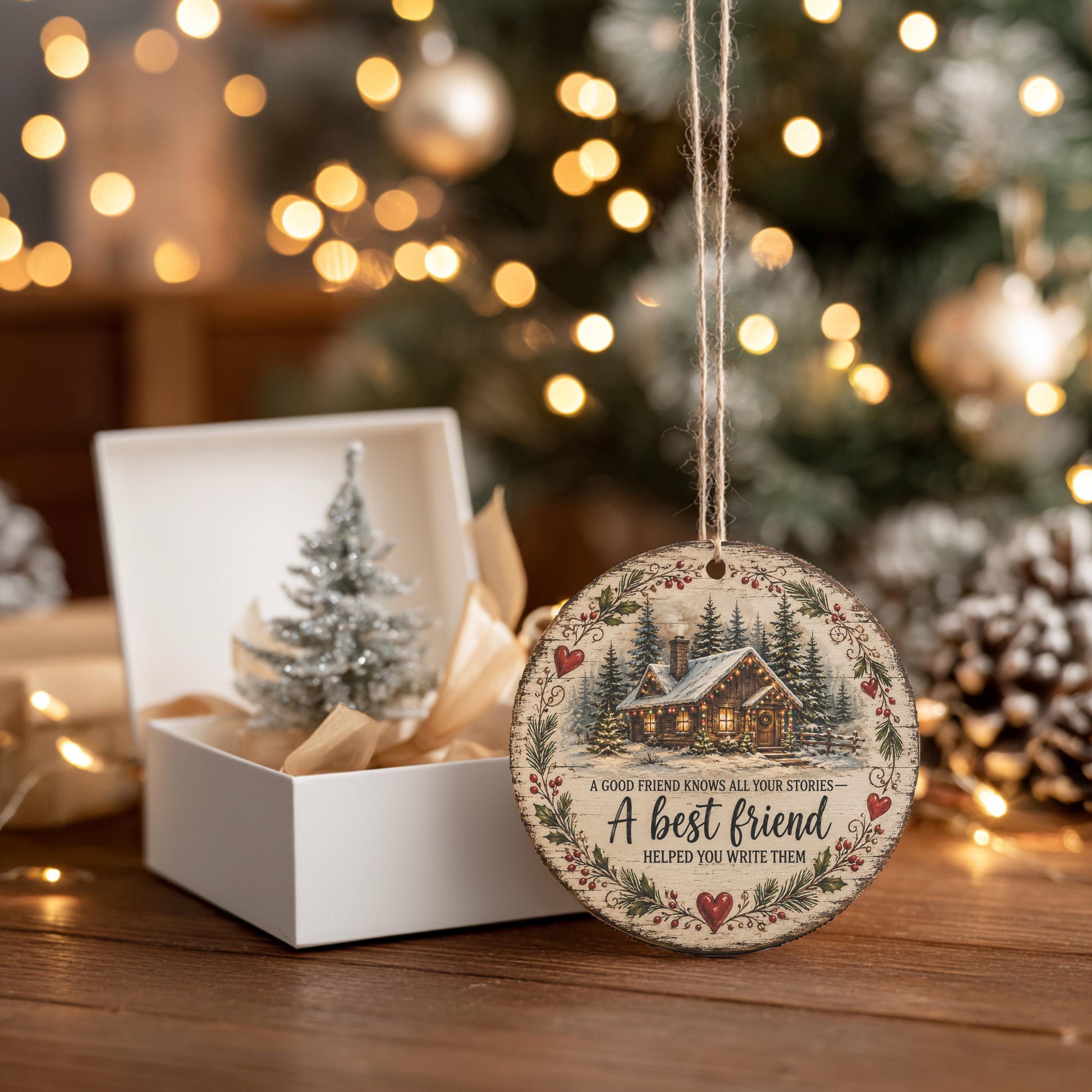 A white wooden ornament with a Christmas tree and a small tree inside a white box, with a string hanging from the ornament. The ornament has a message about the importance of good friends.