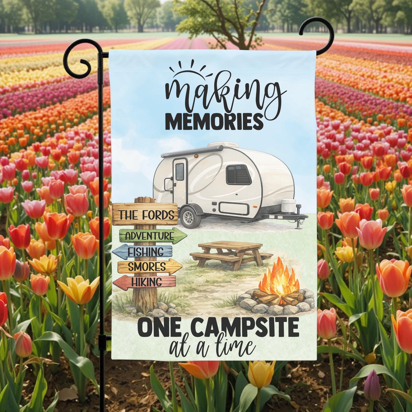 Personalized Garden Flag - Custom Camping Flag 12x18 Teardrop Camper Outdoor Decor - lifestyle display