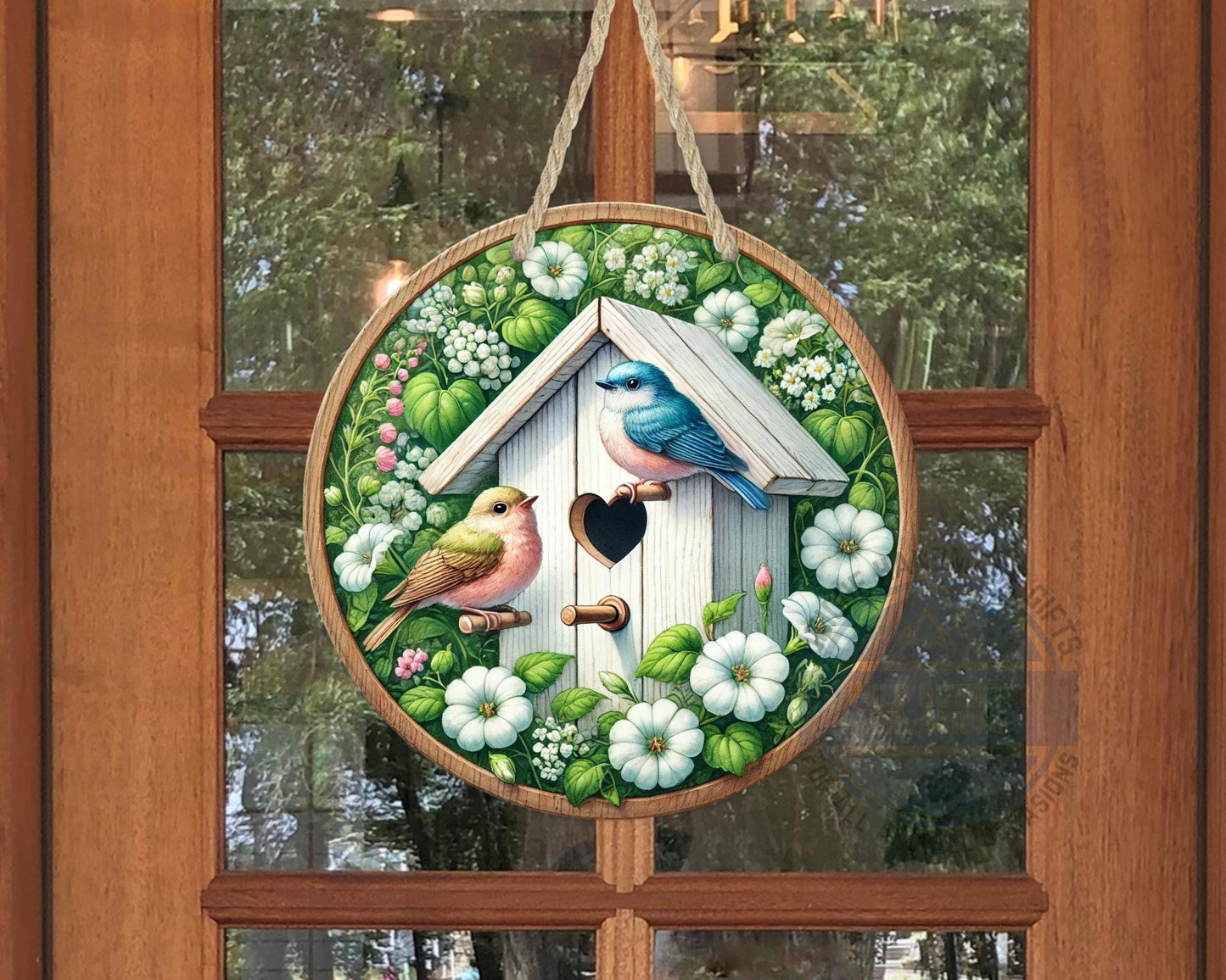 Birdhouse Door Hanger – Spring Door Decor with Songbird Porch Welcome Sign