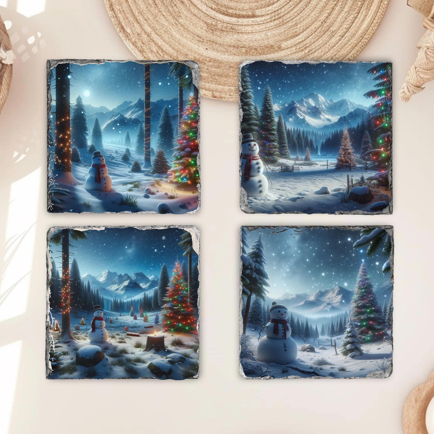 Slate Coaster Set with Festive Snowman  Mountain Scene - 4 Sublimation Coasters and Black Storage Rack for Winter Decor Gift