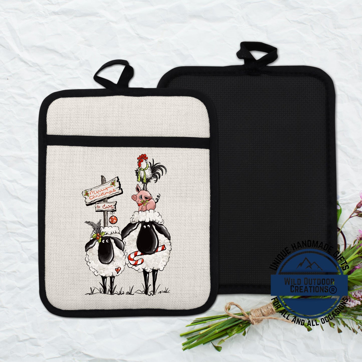 Sheep Pot Holder Linen Hot Pad Merry Christmas Ewe Funny Farmhouse Kitchen Gift