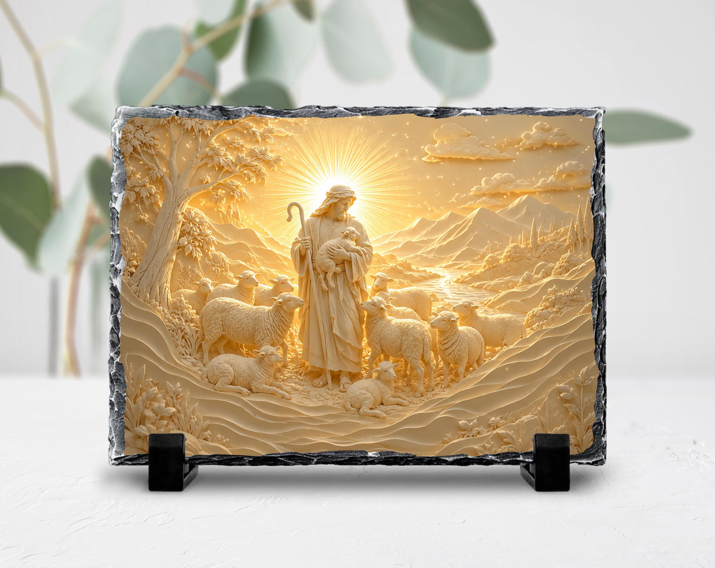 A stone carving depicting a shepherd tending to his flock, with a sunlit landscape in the background.
