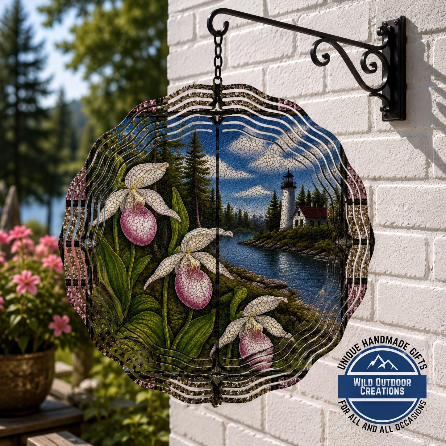 Minnesota State Flower Lady Slipper Wind Spinner Stained Glass Look Lighthouse Decor 10 Inch