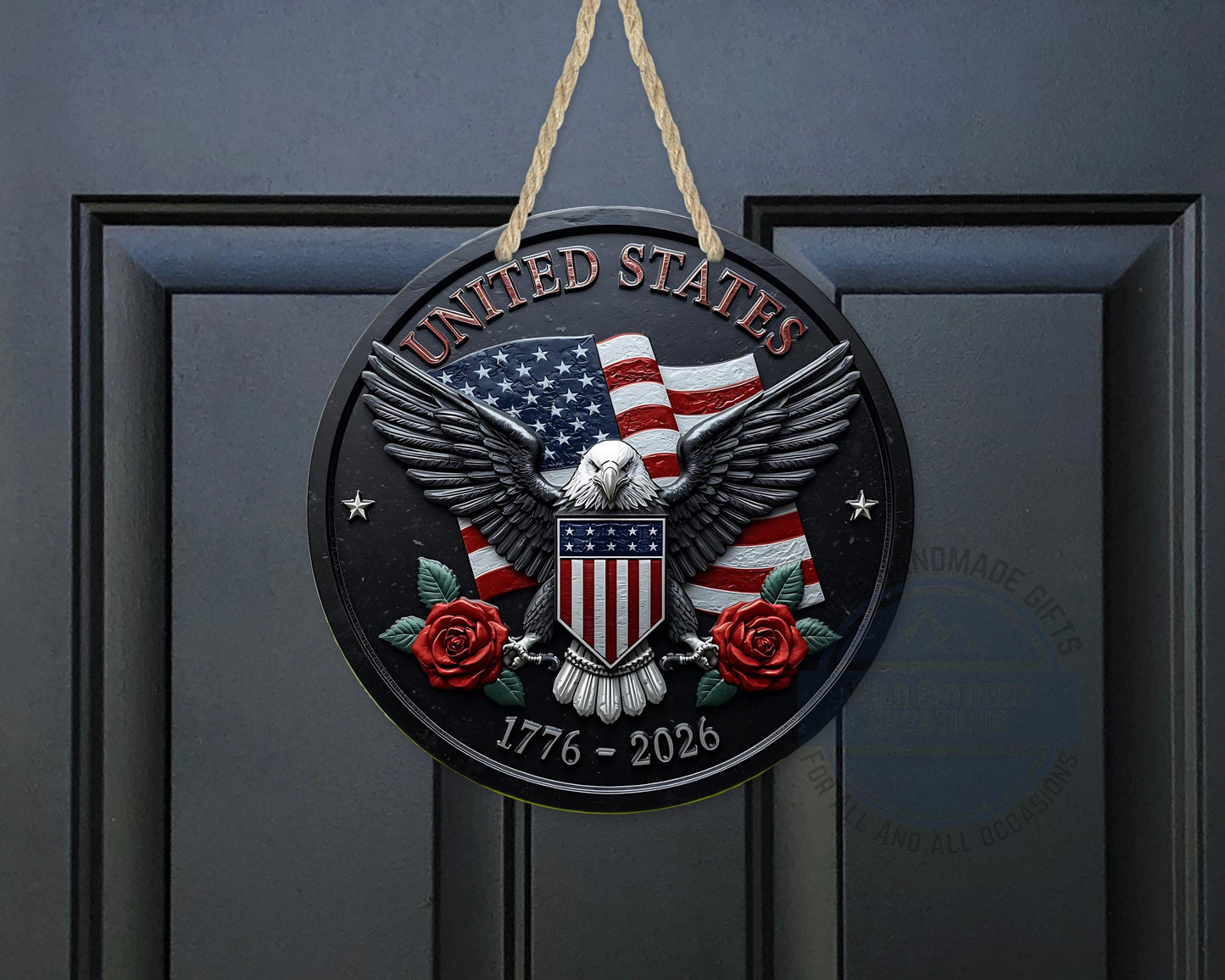 American Eagle Door Hanger - Round Aluminum Patriotic Door Sign, Veteran Gift Idea