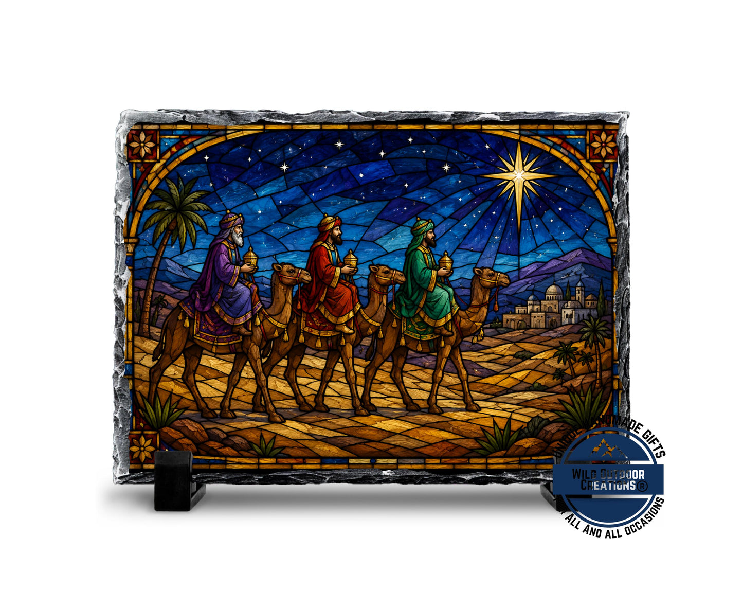 Three Wise Men Faux Stained Glass Slate Plaque, Christmas Nativity Decor, Religious Gift
