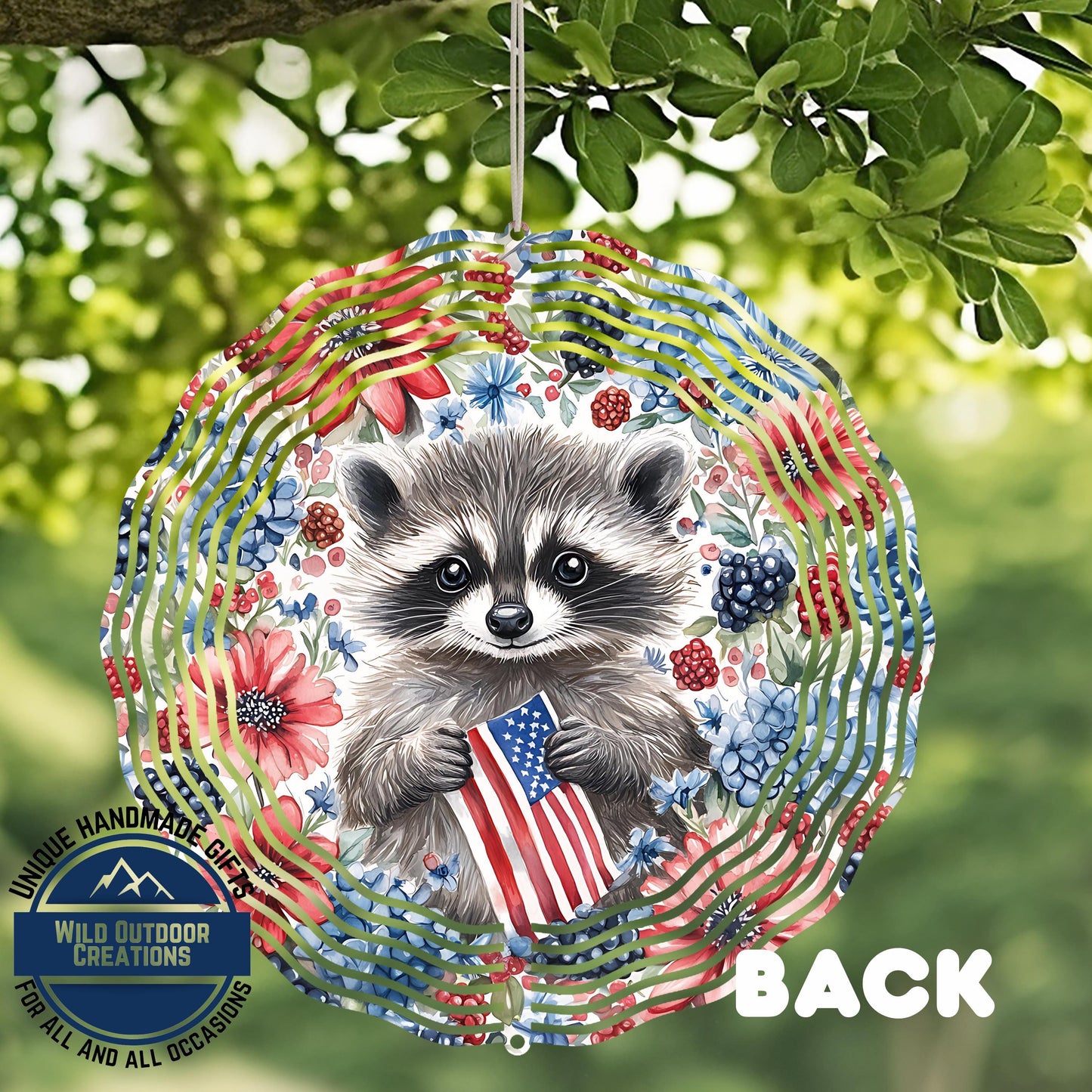 Patriotic Raccoon Spinner - Aluminum Outdoor Wind Spinner With American Flag Decor