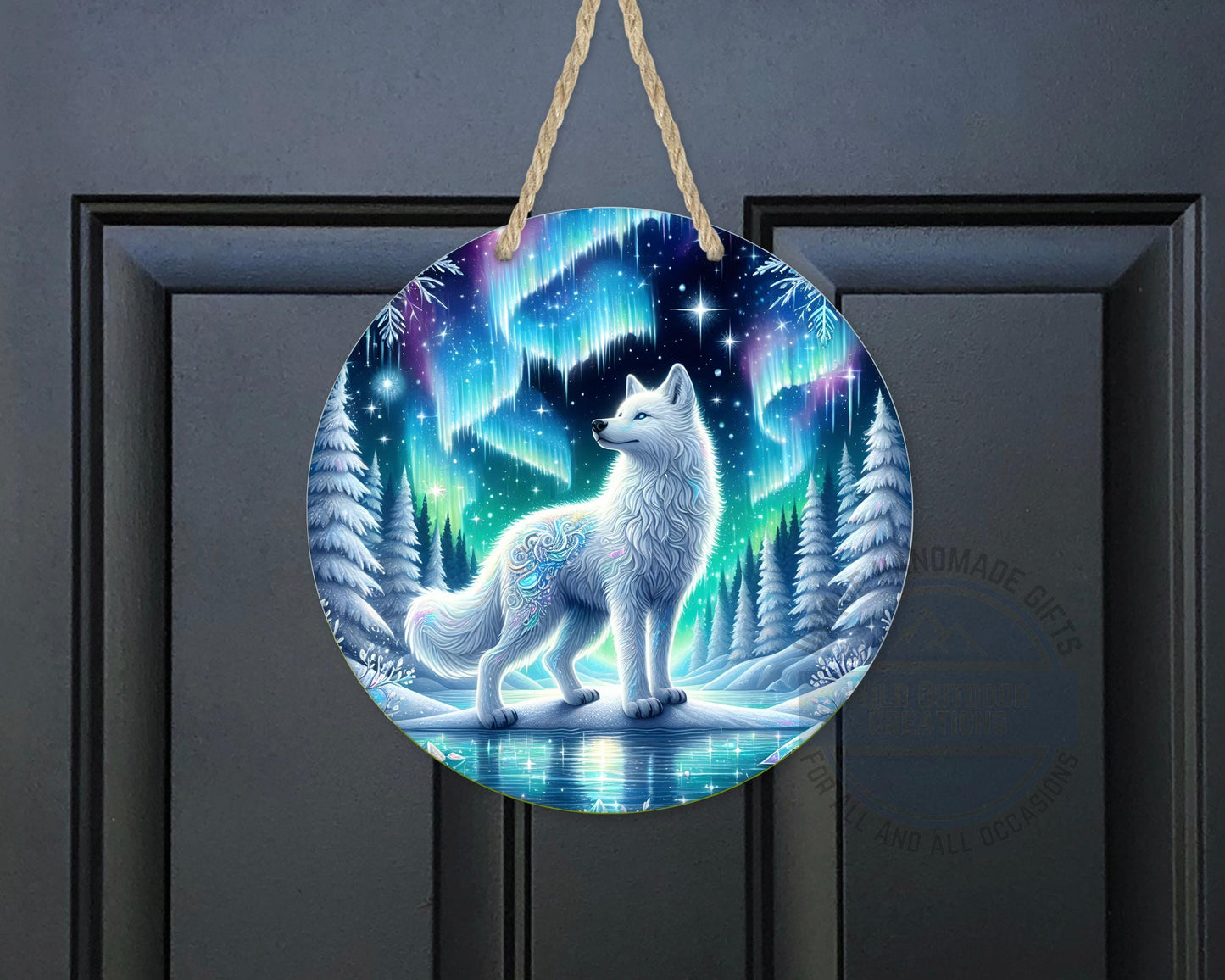 Wolf Door Hanger - Northern Lights Art | Rustic Cabin Sign, Outdoor Decor