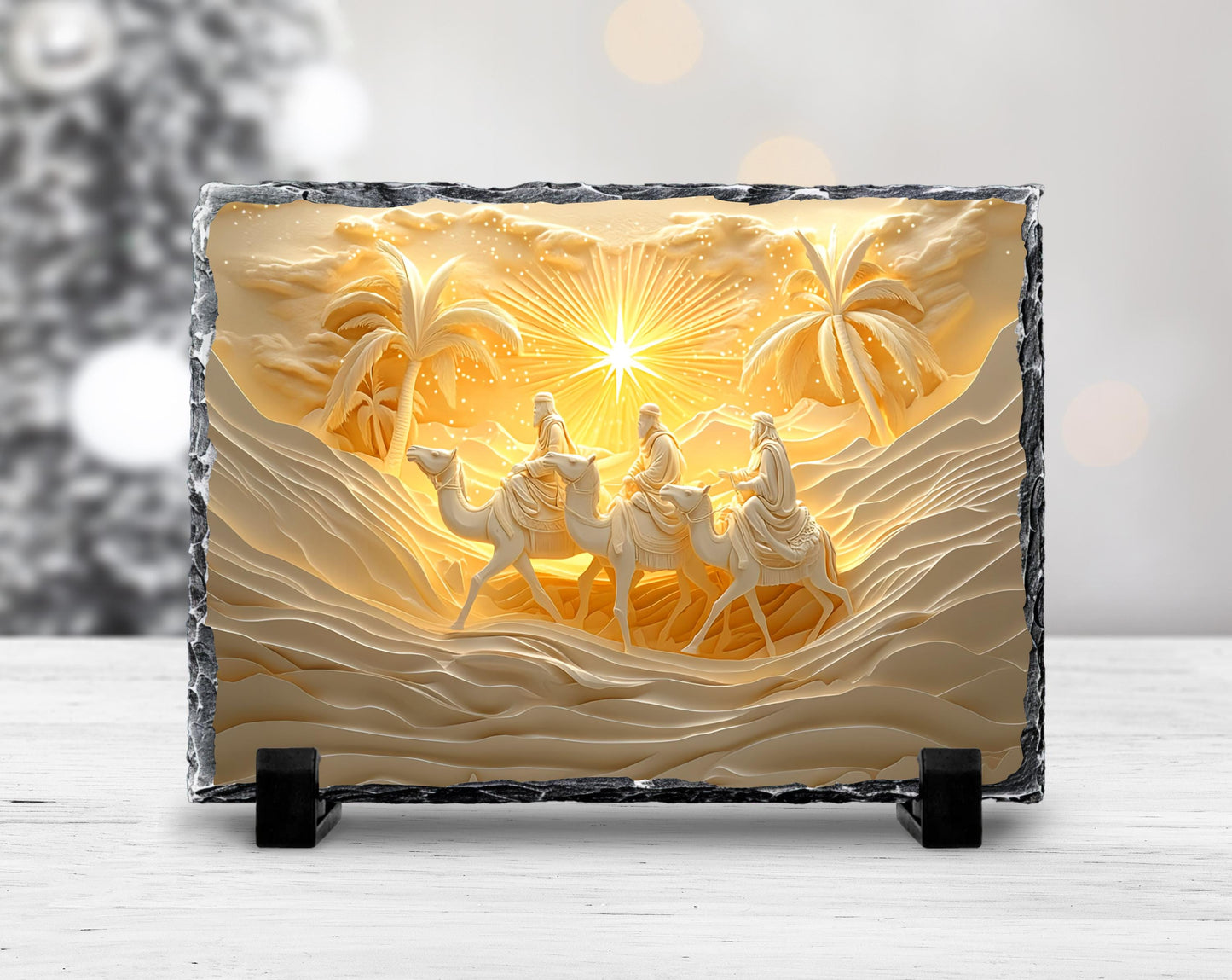 3 Wise Men Nativity Slate Plaque - Elegant Gold  White Design with Fractured Edge Ideal Christmas Gift or Religious Decor