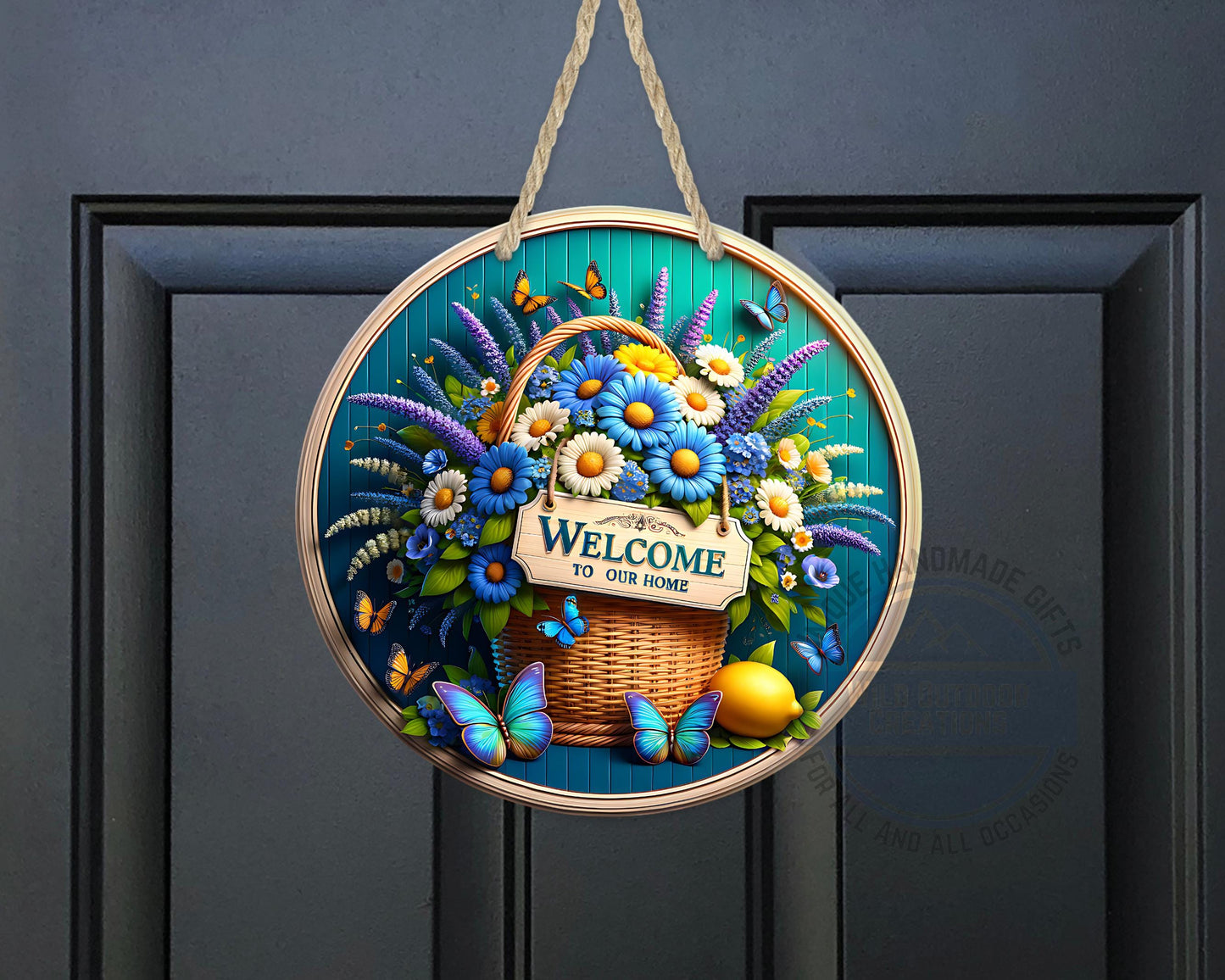 Welcome Door Sign – Blue Daisy Floral Basket | Outdoor Aluminum Porch Decor