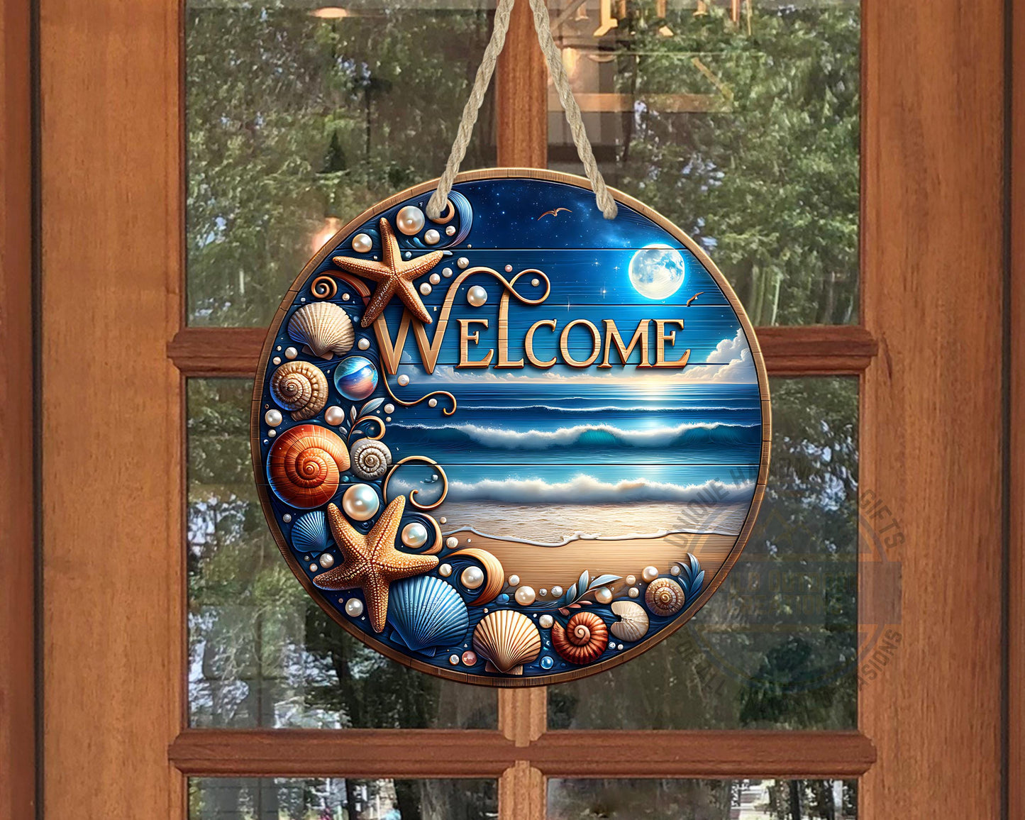 Coastal Door Sign – Nighttime Ocean View | Weather-Resistant Aluminum Outdoor Welcome