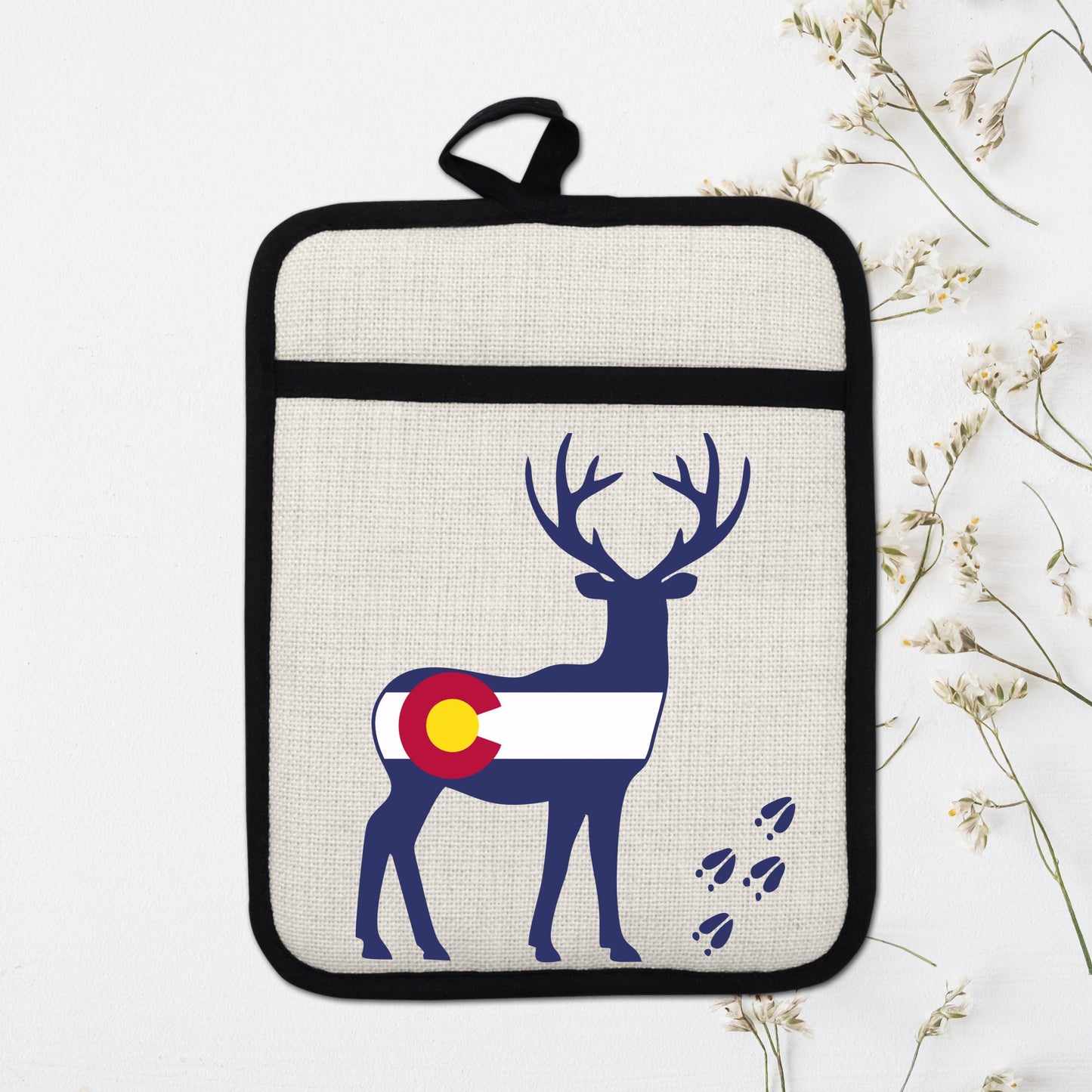 Colorado Deer Pot Holder - Linen Fabric, Silicone Back Trivet with Pocket Grip