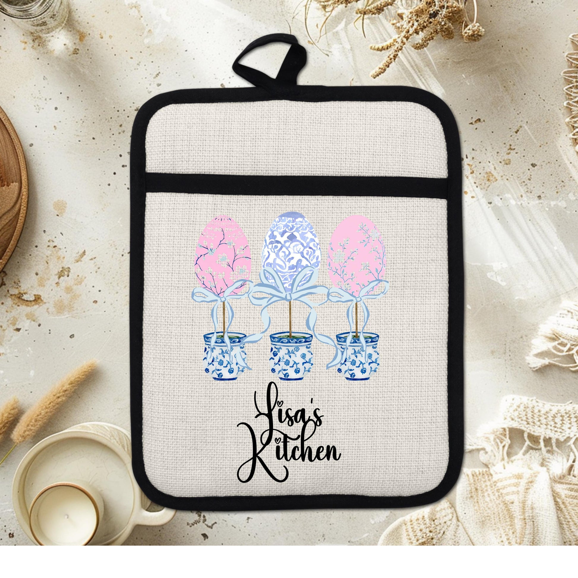 Personalized Easter Pot Holder – Custom Linen Kitchen Gift with Chinoiserie Eggs - scale and size reference