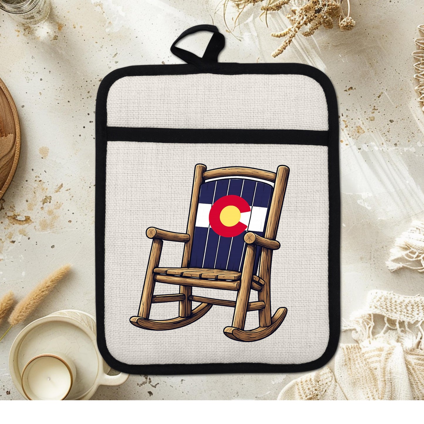 Linen Oven Mitt - Colorado Rocking Chair Pot Holder with Trivet & Heat Resistant Design