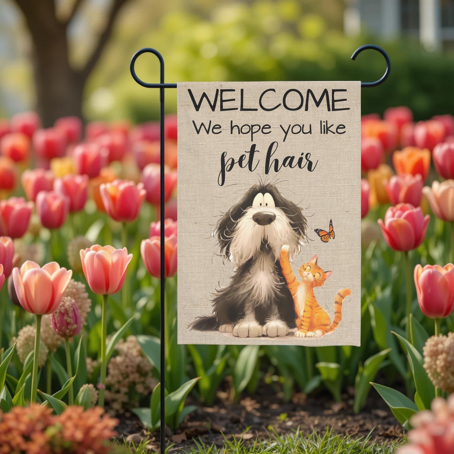 Pet Hair Garden Flag - Funny Welcome Dog And Cat Outdoor Decor 12x18 Sublimation - outdoor setting