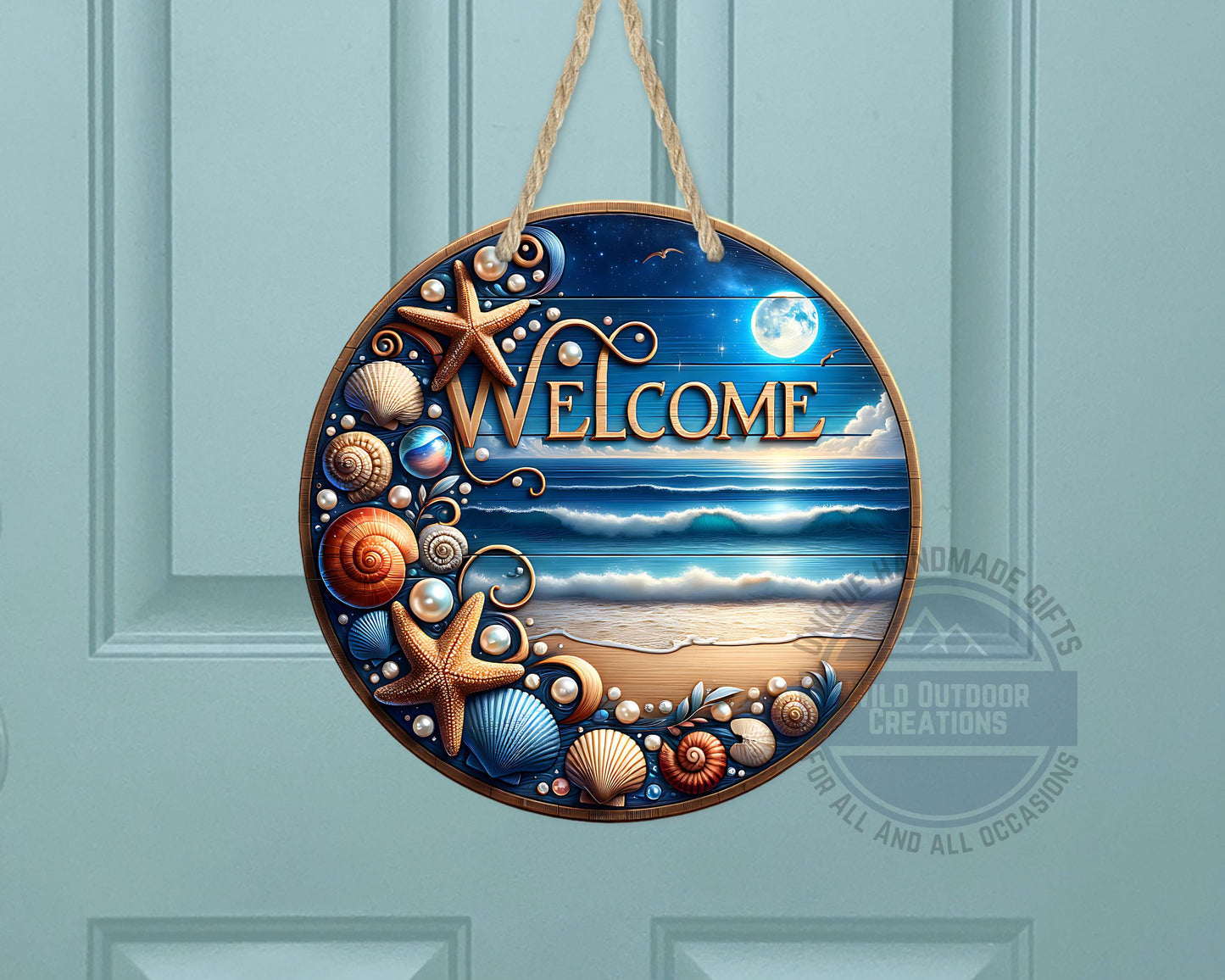 Coastal Door Sign – Nighttime Ocean View | Weather-Resistant Aluminum Outdoor Welcome