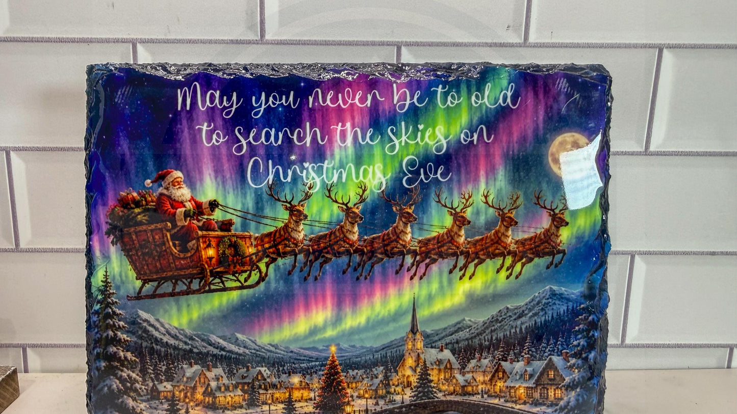 Santa Sleigh Northern Lights Slate Plaque, Christmas Eve Quote Wall Art