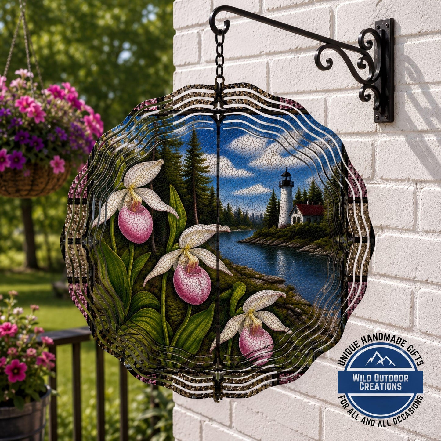 Minnesota State Flower Lady Slipper Wind Spinner Stained Glass Look Lighthouse Decor 10 Inch