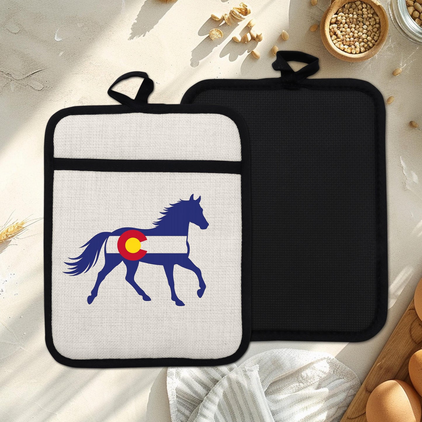 Horse Oven Mitt - Colorado Pot Holder With Silicone Back & Linen Front, Heat Resistant