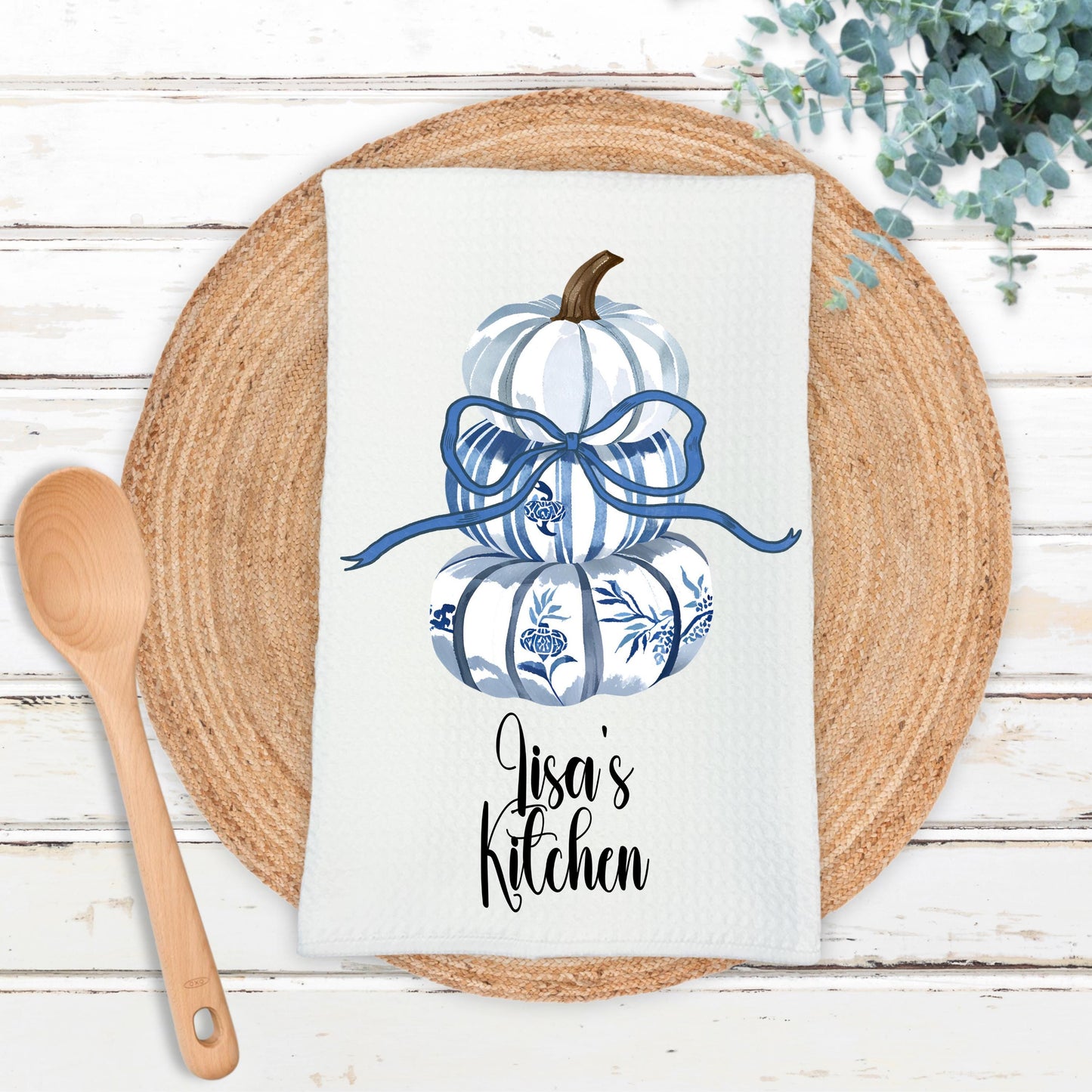 Personalized Blue Pumpkin Topiary Towel, 16x24" Waffle Weave Microfiber with Bow, Chinoiserie Fall Pumpkins