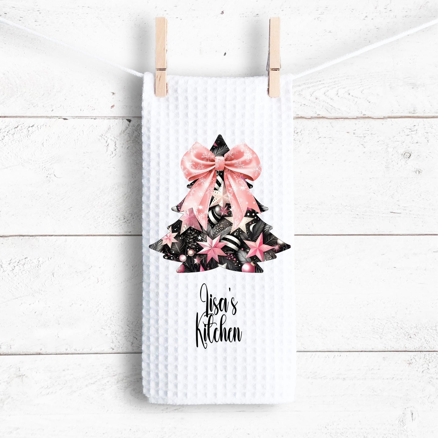 Personalized Christmas Tree Kitchen Towel  Waffle Weave Holiday Decor