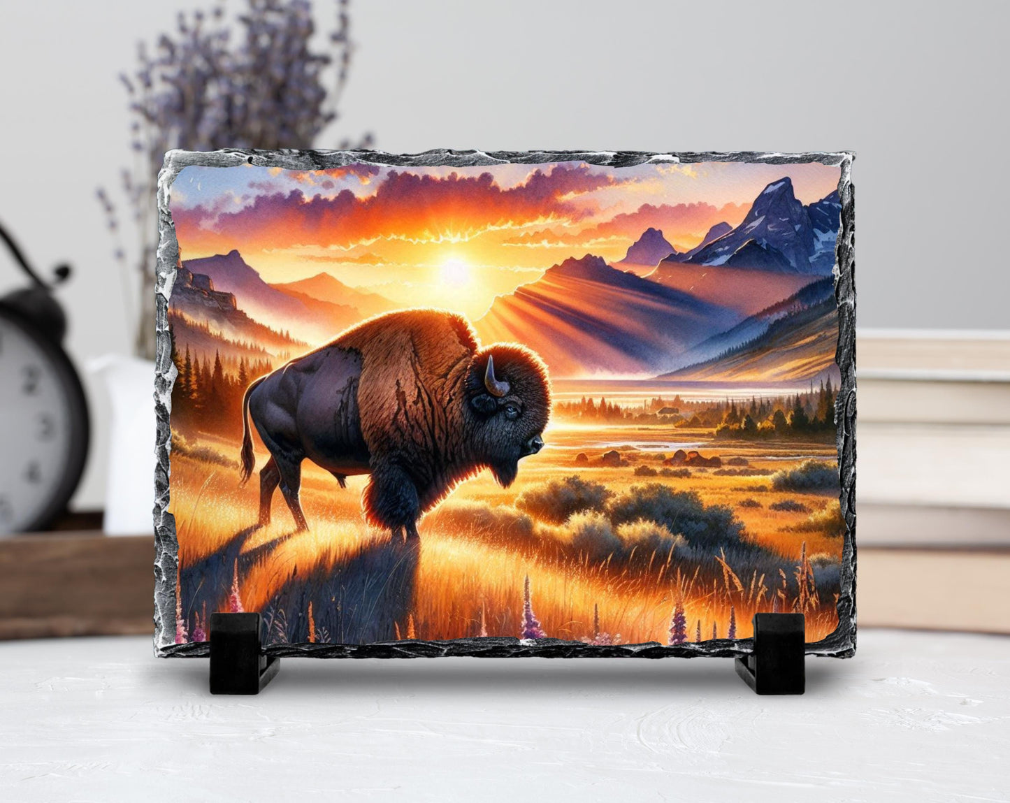 Bison Sunset Slate Sign – Rustic Buffalo Mountain Art With Fade Resistant Printing