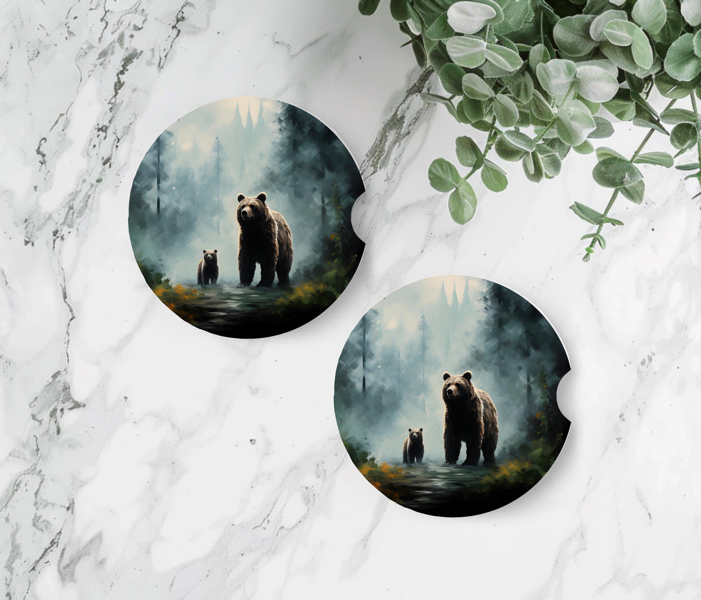 Bear & Cub Ceramic Car Coaster, Nature Inspired Unique Gift, Set Options