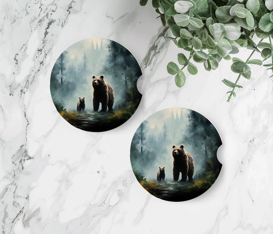 Bear & Cub Ceramic Car Coaster, Nature Inspired Unique Gift, Set Options