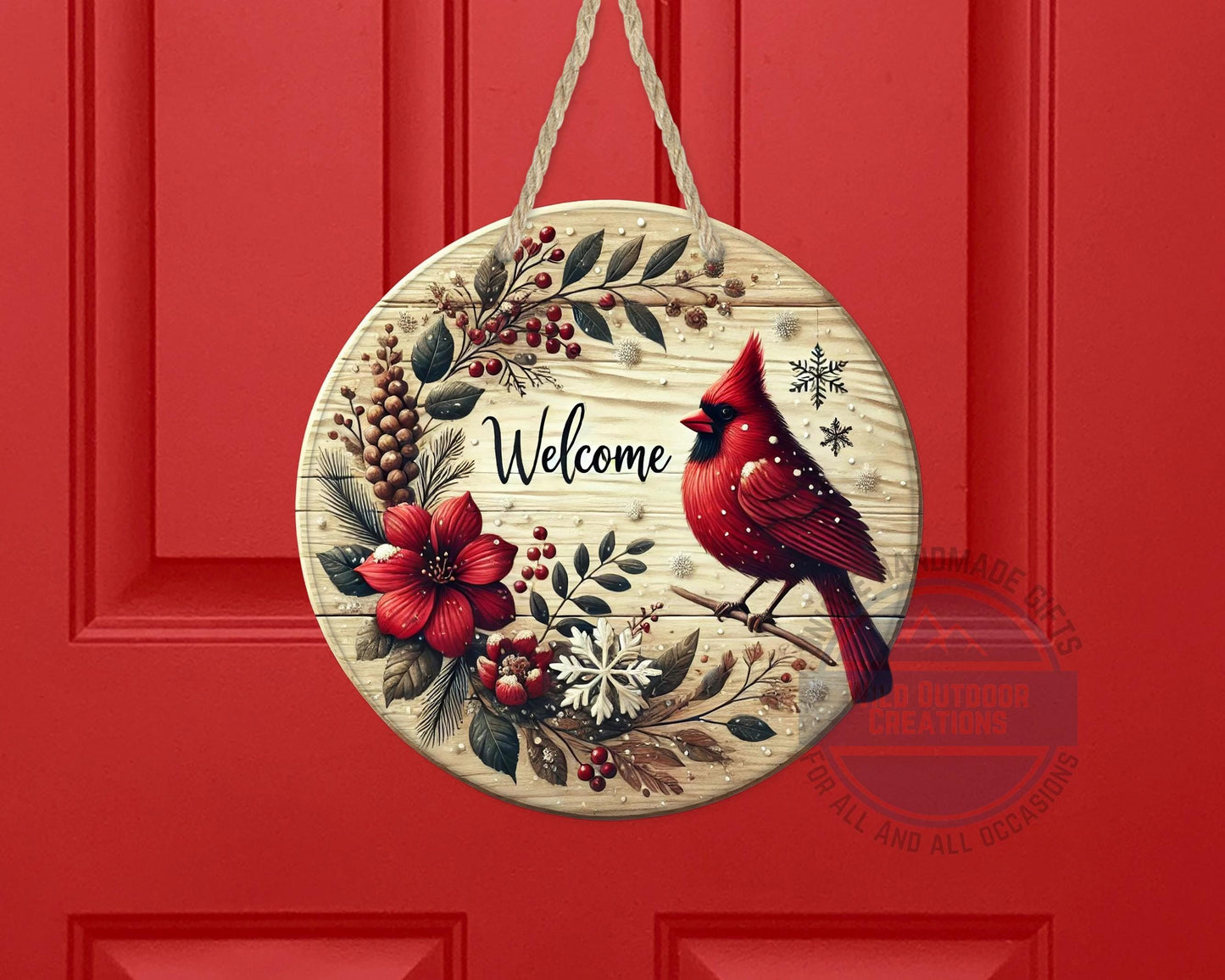 Cardinal Door Hanger - Winter Floral Wreath | Lightweight Aluminum Holiday Porch Sign