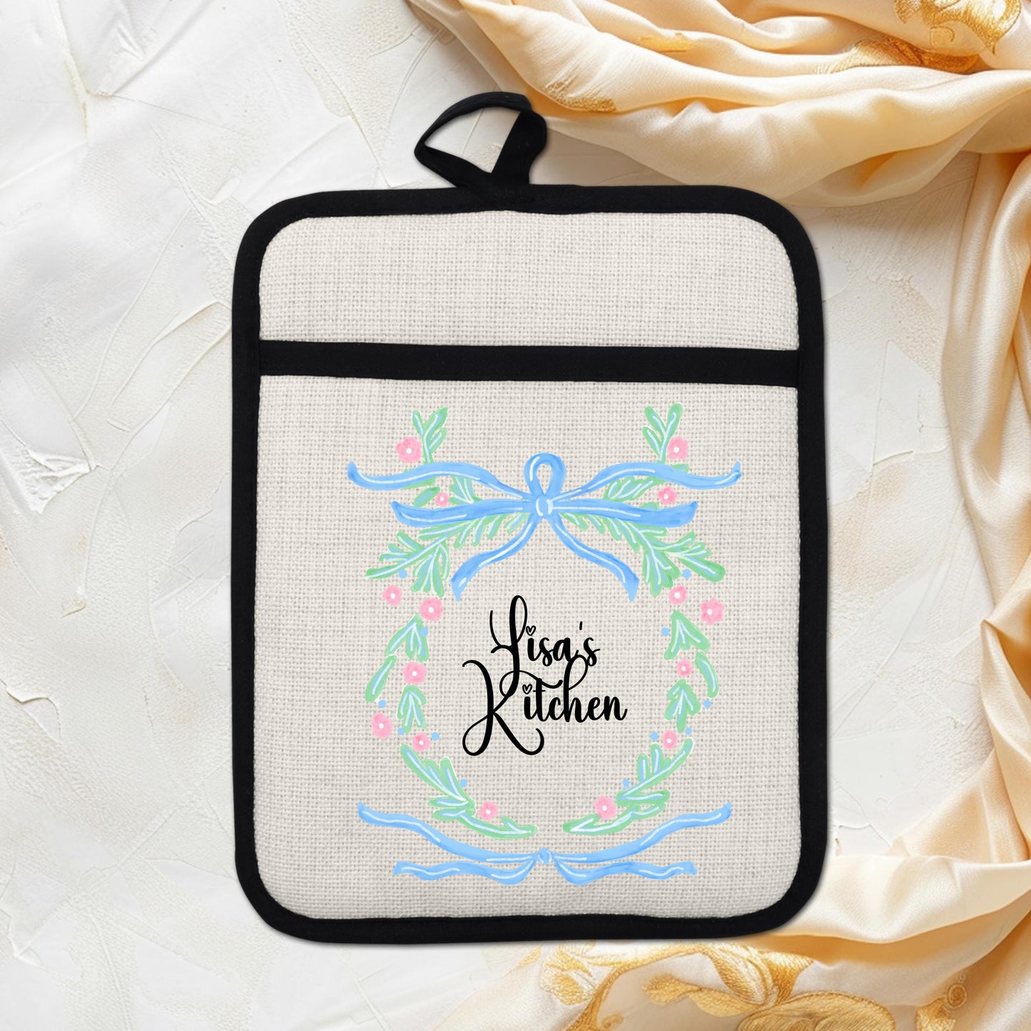 Personalized Pot Holder – Custom Name Floral Kitchen Gift With Linen Pocket - additional angle