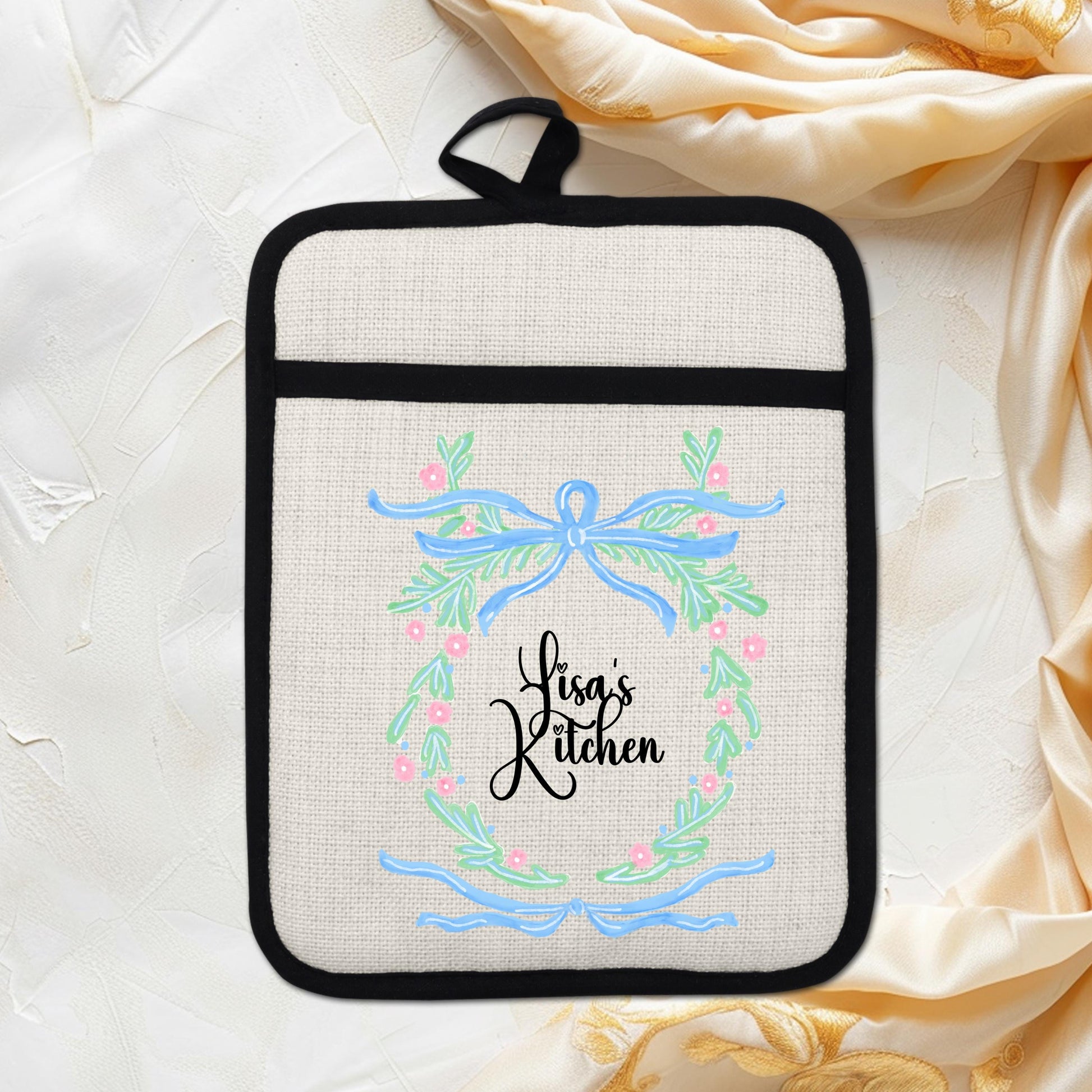 Personalized Pot Holder – Custom Name Floral Kitchen Gift With Linen Pocket - additional angle