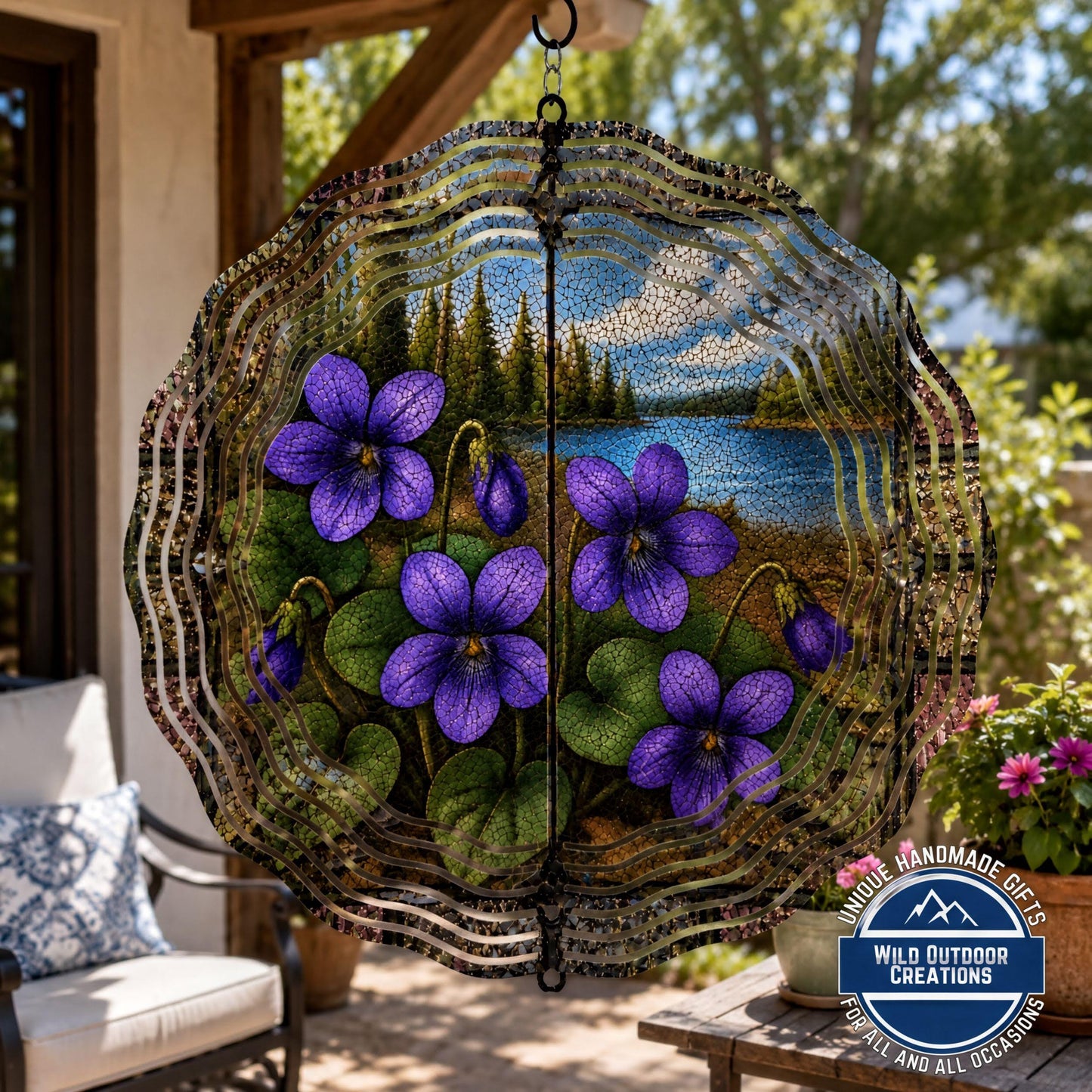 Wisconsin State Flower Wood Violet Wind Spinner Stained Glass Look Garden Decor 10 Inch