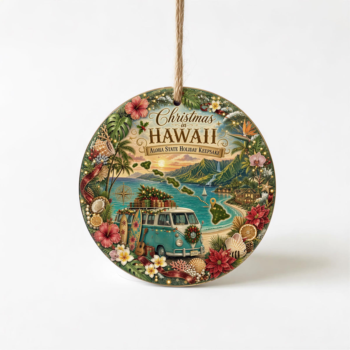 Hawaii Ornament, Vintage Van Aloha State Keepsake, 3 Inch Ceramic