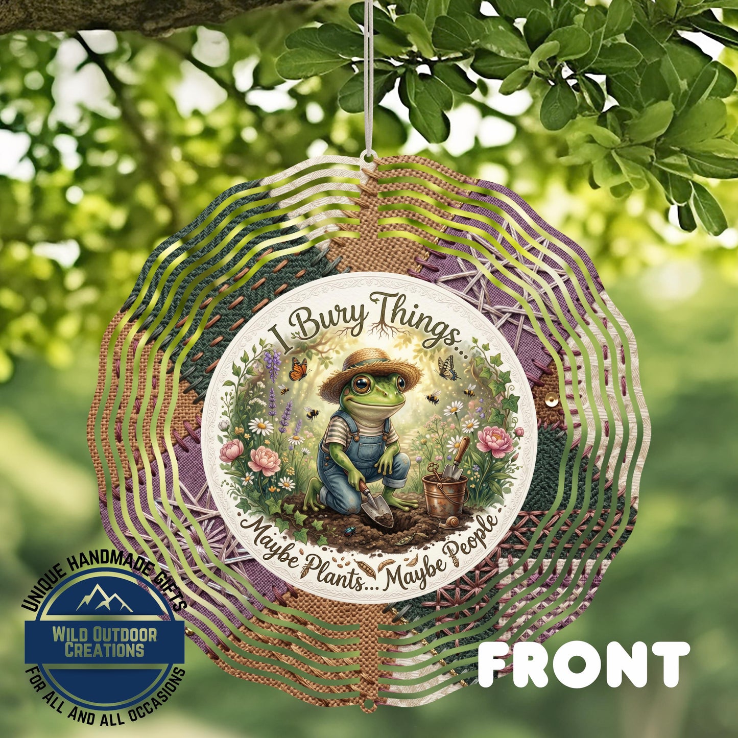 Frog Wind Spinner - Double Sided Aluminum Garden Spinner with Rustic Floral Accents