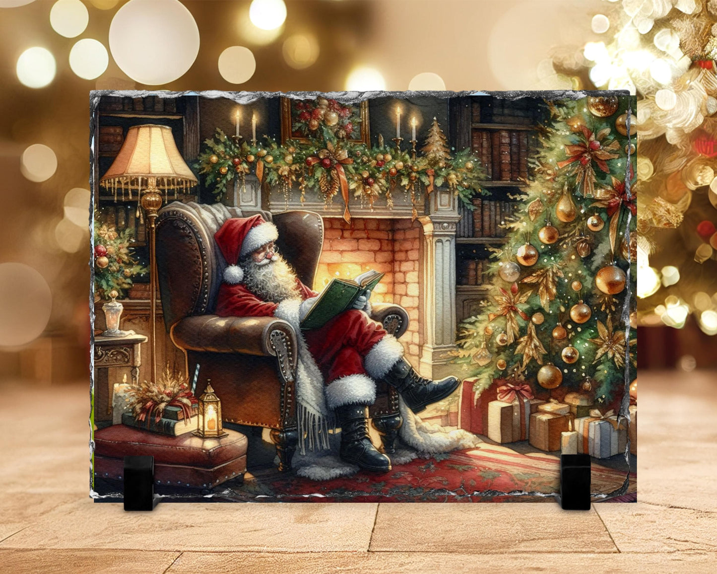 Cozy Santa Reading Slate with Fireplace  Tree - Charming Christmas Mantle Accent