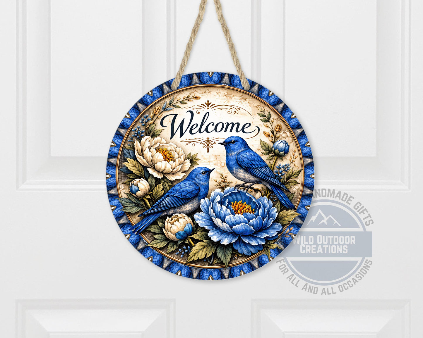 Bluebird Welcome Sign - Round Door Hanger With Floral Porch Decor, UV Coated - scale and size reference