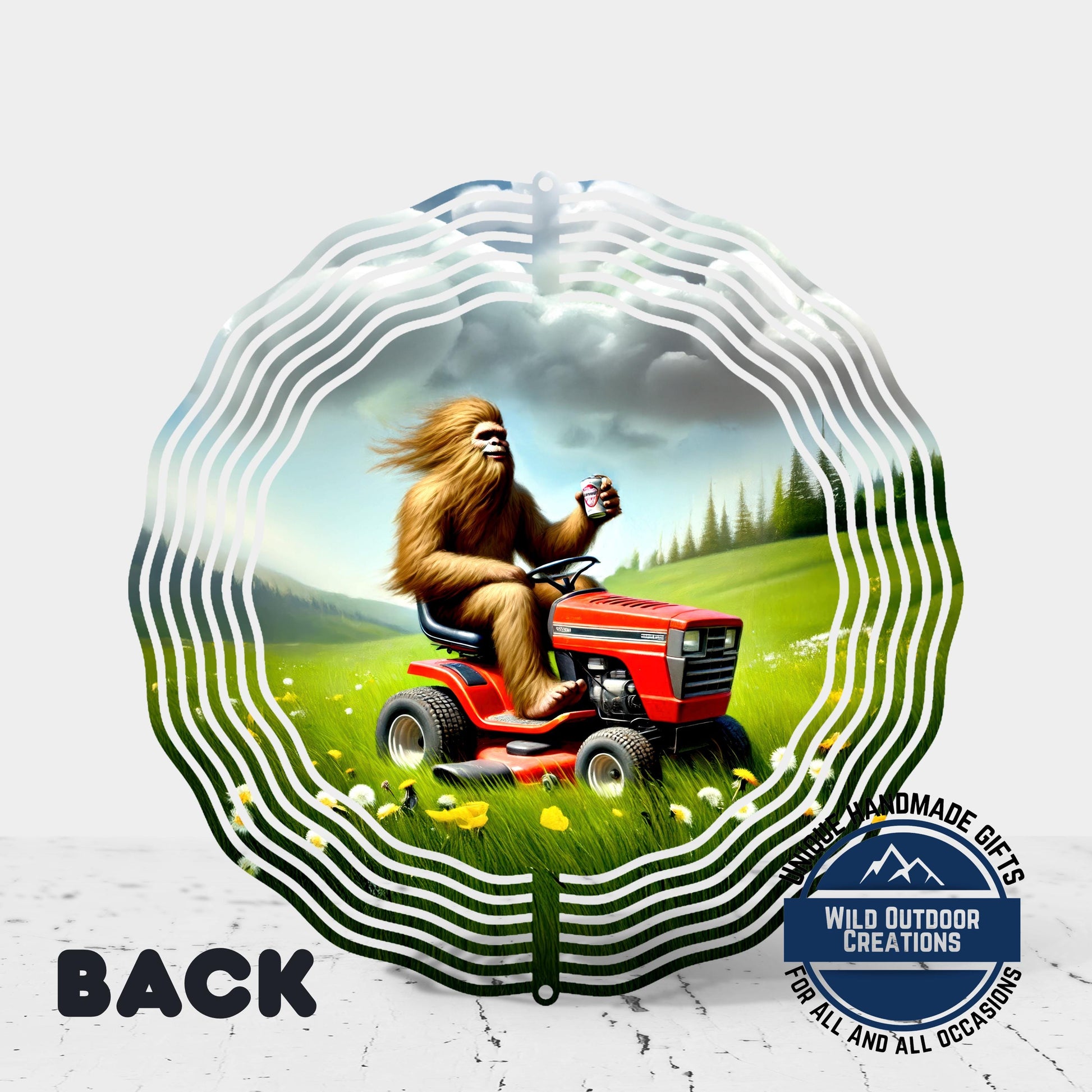 Bigfoot Wind Spinner - Funny Sasquatch Garden Decor | Aluminum Outdoor Yard Art - close up detail