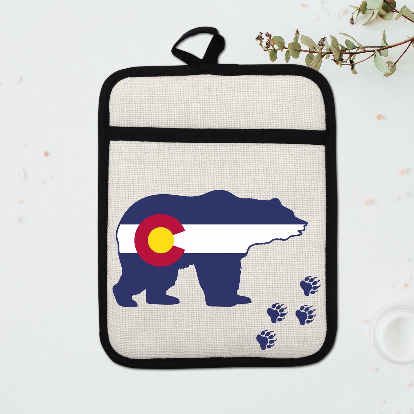 Pot Holder Oven Mitt - Colorado Bear Design | Silicone Pot Holder, Linen Fabric