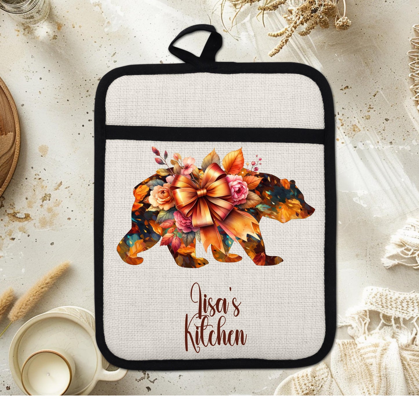 Personalized Autumn Bear Potholder with Pocket - 9x7 Non-Slip Silicone Baking Essential