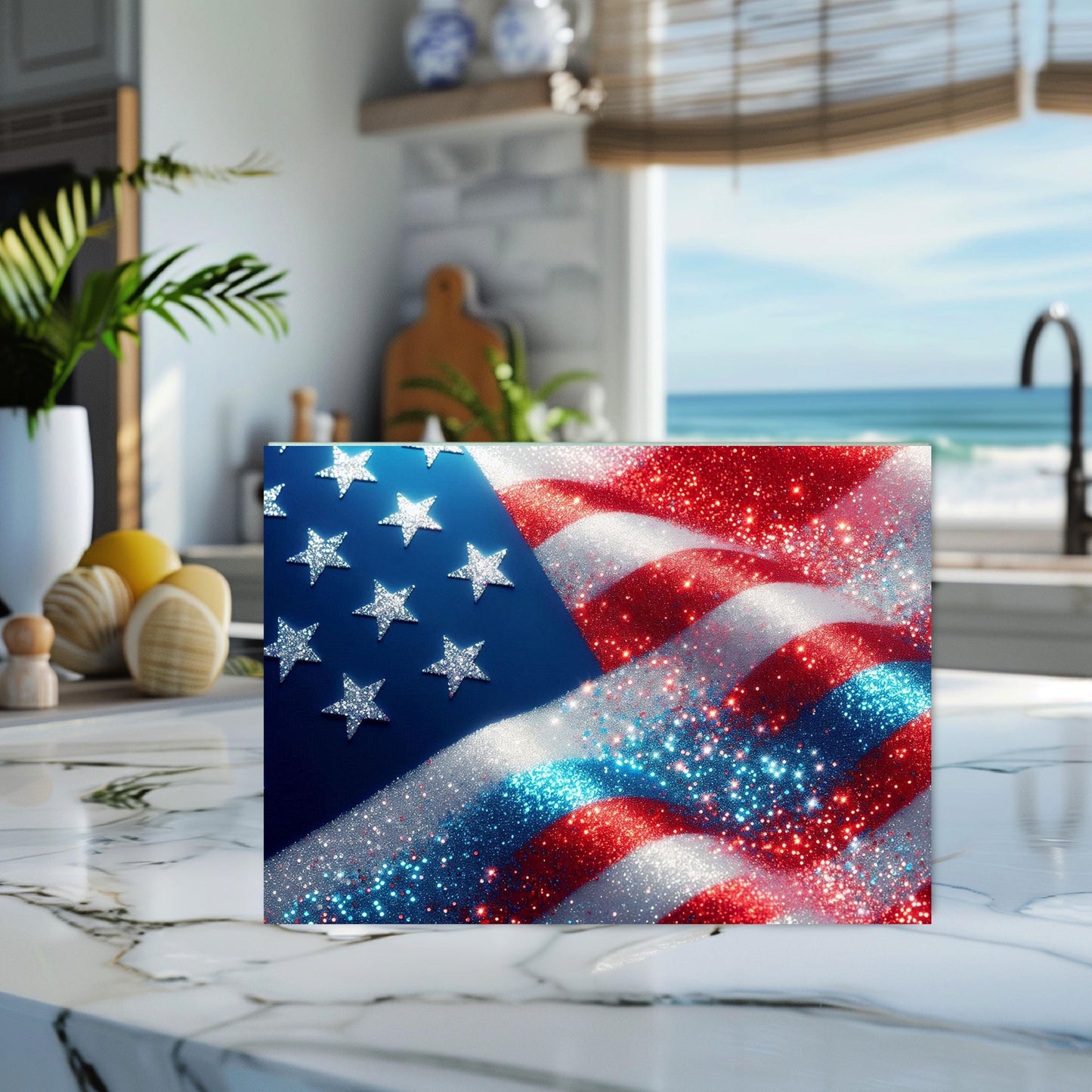 Patriotic Faux Glitter Cutting Board, Large Kitchen Glass Board, Hostess Housewarming Gift, Functional Art, Countertop Decor, Culinary Decor