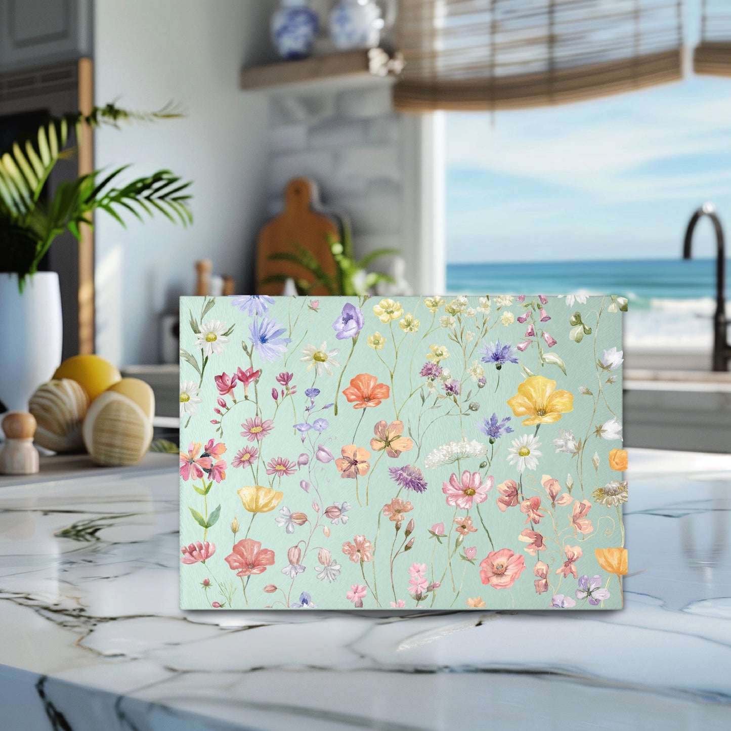 Boho Wildflowers Glass Cutting Board, Unique Kitchen Decor, Hostess Housewarming Gift, Unique Gift for Bride, Charcuterie Board, Textured