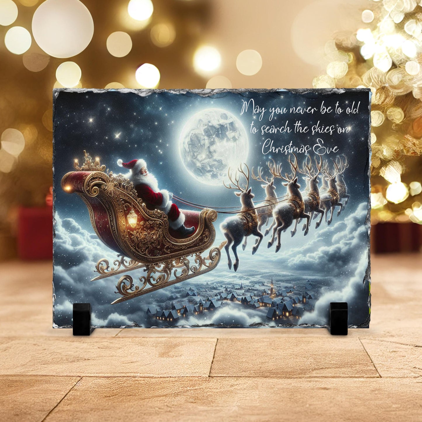 Handcrafted Holiday Slate Art with Santa  Reindeer  Full Moon Scene for Festive Home Decor