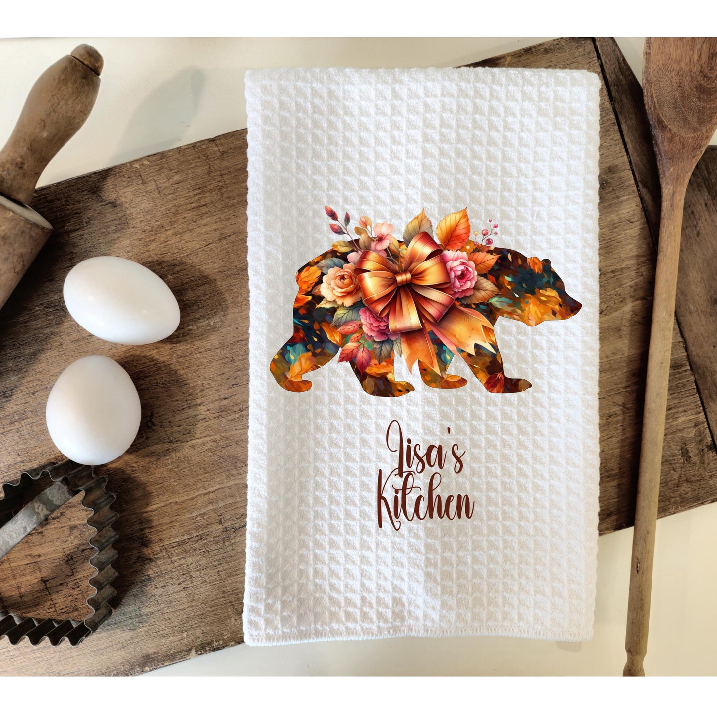 Personalized Autumn Bear Kitchen Towel - Waffle Weave Fall Decor