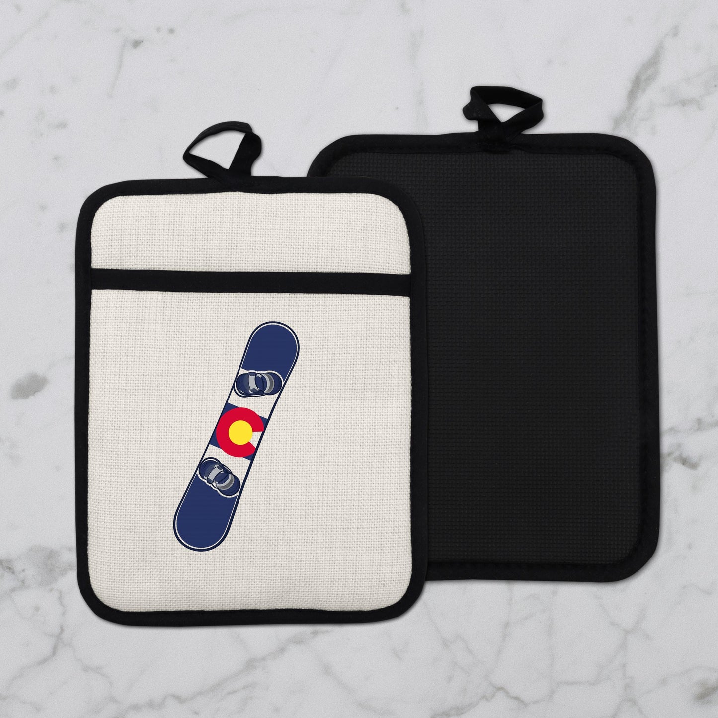 Snowboard Pot Holder - Colorado Flag Design | Linen Fabric & Silicone Backing Pad Trivet