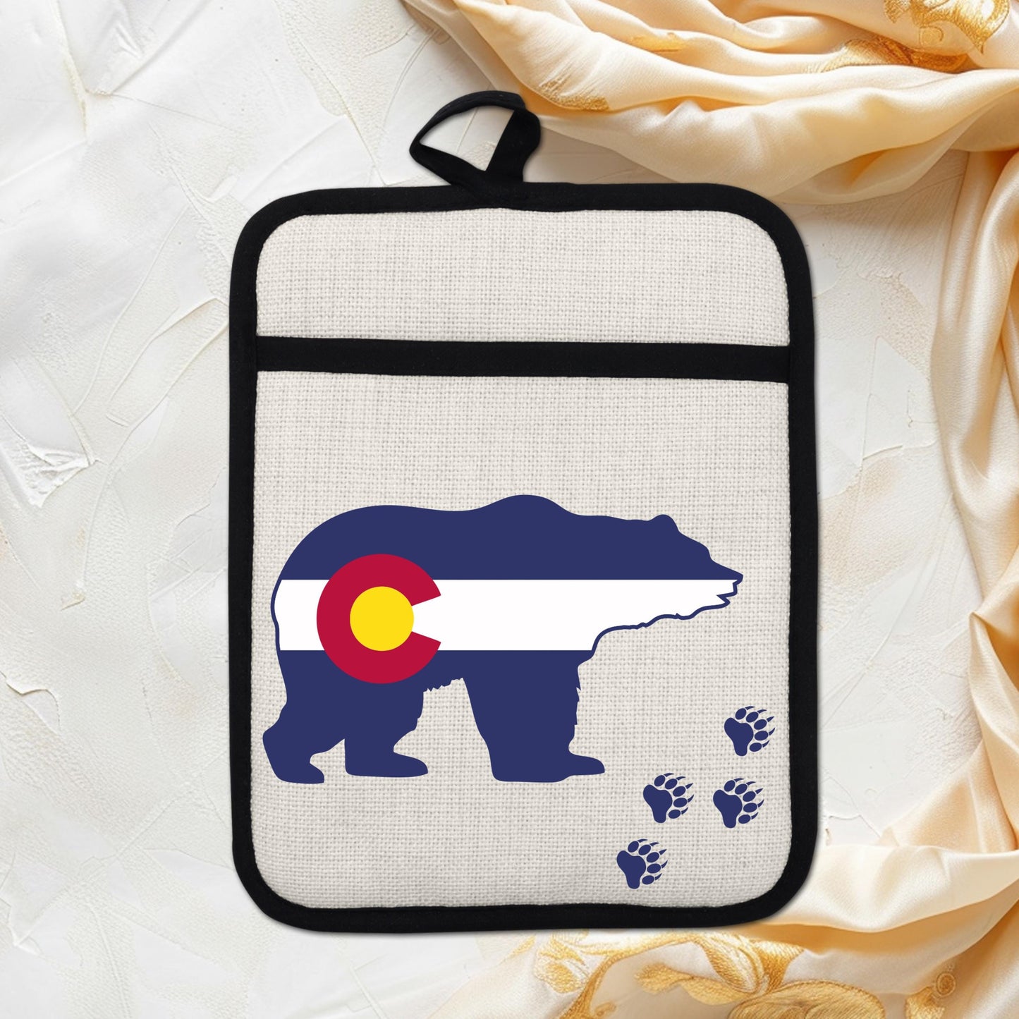Pot Holder Oven Mitt - Colorado Bear Design | Silicone Pot Holder, Linen Fabric