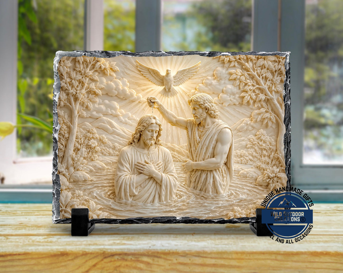 Jesus River Jordan Baptism Slate Plaque, Holy Spirit Dove Religious Decor, Christian Gift