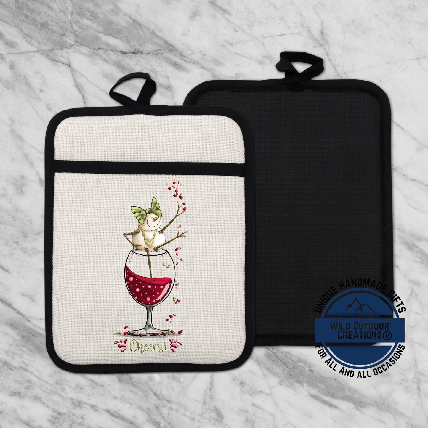 Wine Snowman Pot Holder Linen Hot Pad Cheers Kitchen Gift Wine Lover
