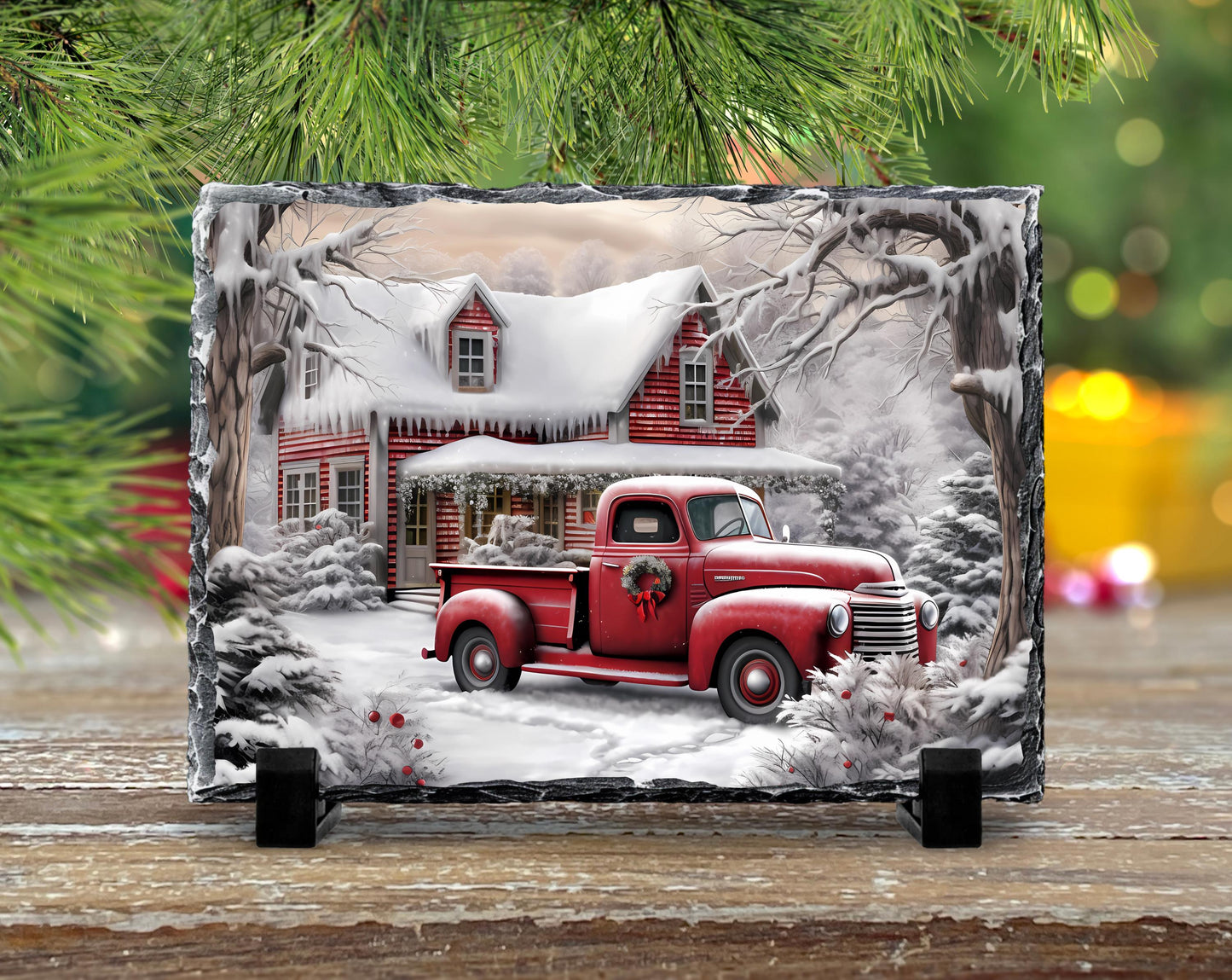 Winter Farm Scene Slate with Red Truck and Wreath - Festive Christmas Decor Gift for Home